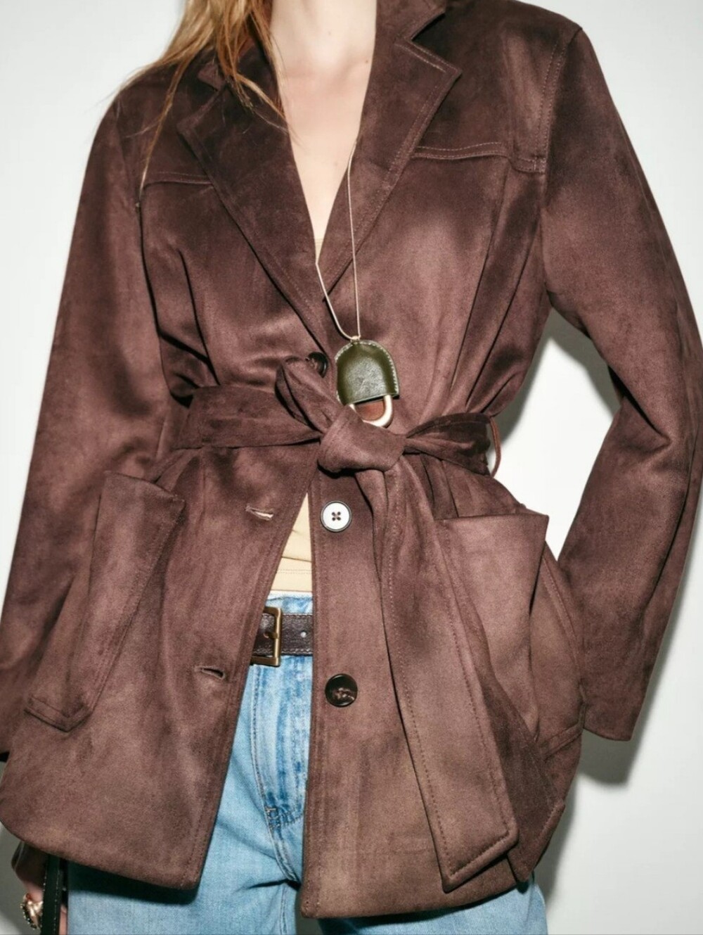 ZARA Brown Suede Belted Jacket - Women's Coat Size XL